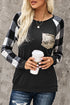 Plaid Splicing Sequined Pocket Long Sleeve Top